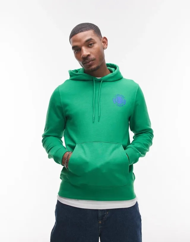 Lacoste Pullover Hoodie In Green With Chest And Back Print