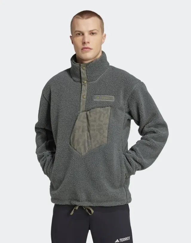 Adidas Terrex Xploric High Pile Fleece Pullover Sweatshirt In Legend Ivy-Black