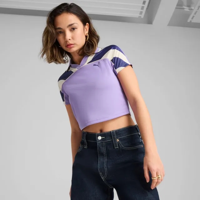 Future.PUMA.Archive Football Jersey Baby Tee Women, Lavender Alert/Blue Crystal, size Large