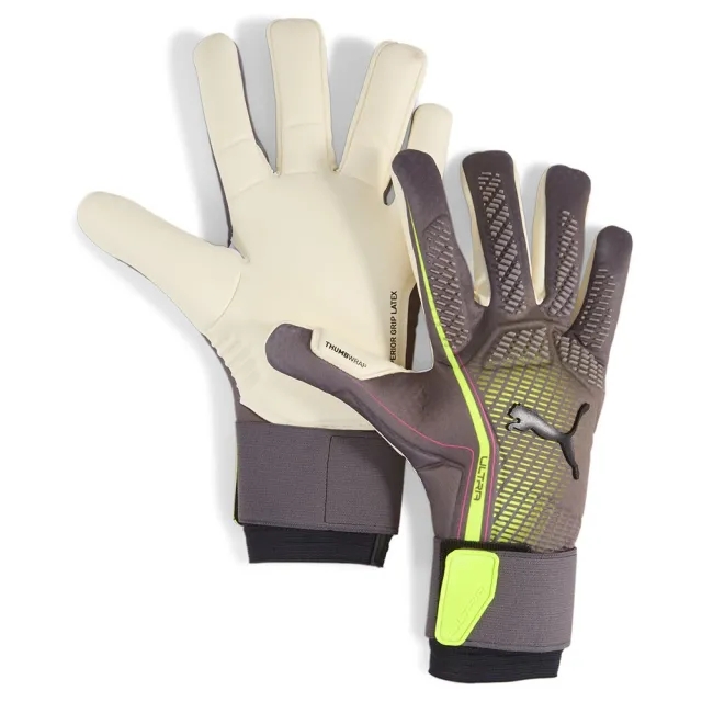 PUMA Ultra Ultimate Hybrid Goalkeeper Gloves, Matte Aged Silver/Yellow Alert