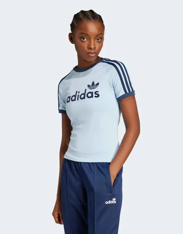 Adidas Originals Linear Graphic Cali Tee In Clear Sky / Off White-Blue