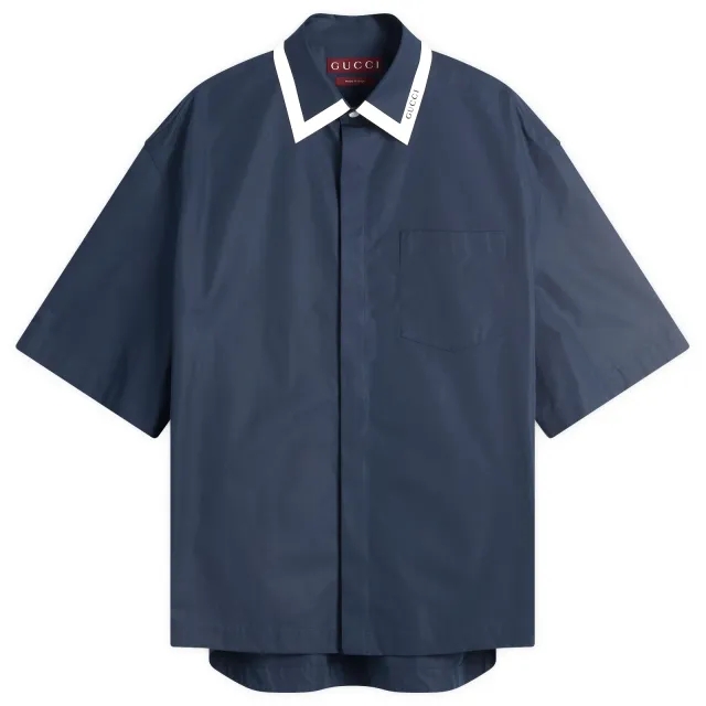 Gucci Men's Tape Collar Cotton Short Sleeve Shirt Blue Japan