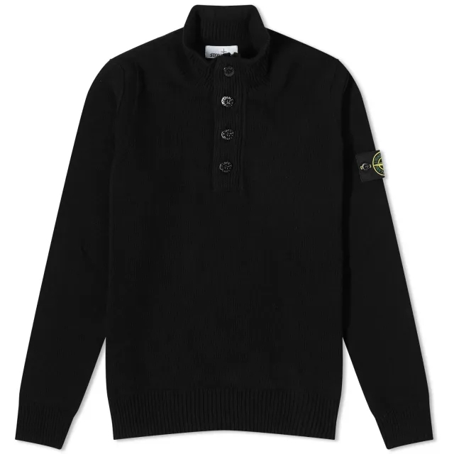 Stone Island Men's Stand Collar Button Neck Knit Black