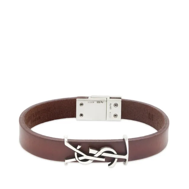 Saint Laurent Men's YSL Leather Bracelet Light Brown/Argent