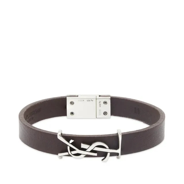 Saint Laurent Men's YSL Leather Bracelet Dark Brown/Silver