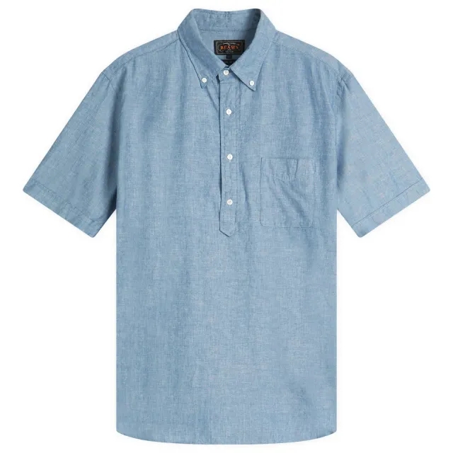 Beams Plus Men's Button Down Popover Short Sleeve Chambray Shirt Blue