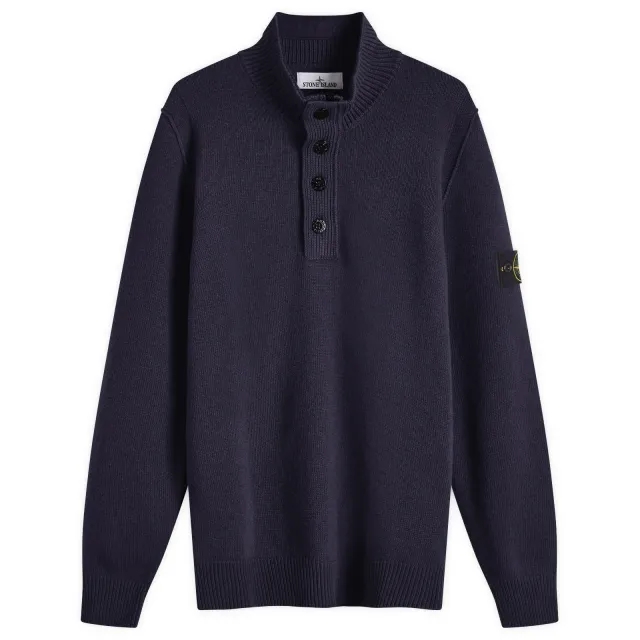 Stone Island Men's Lambswool Quarter Button Knit Navy Blue
