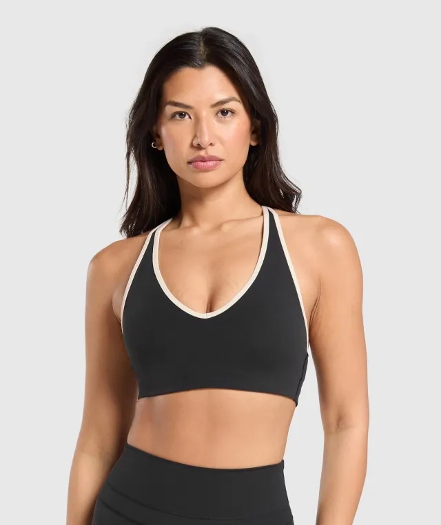  Contrast Trim Halter Neck Sports Bra - Black/Oat White