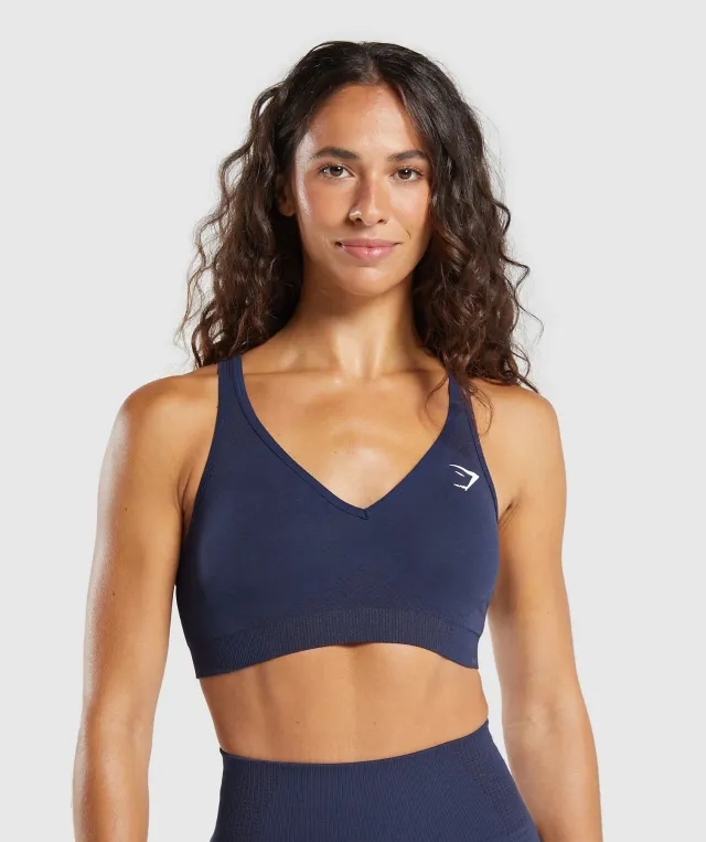  Vital Seamless V Neck Sports Bra - Heavy Blue/ Marl