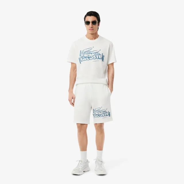 Lacoste Graphic Cotton Fleece Shorts - White / Blue