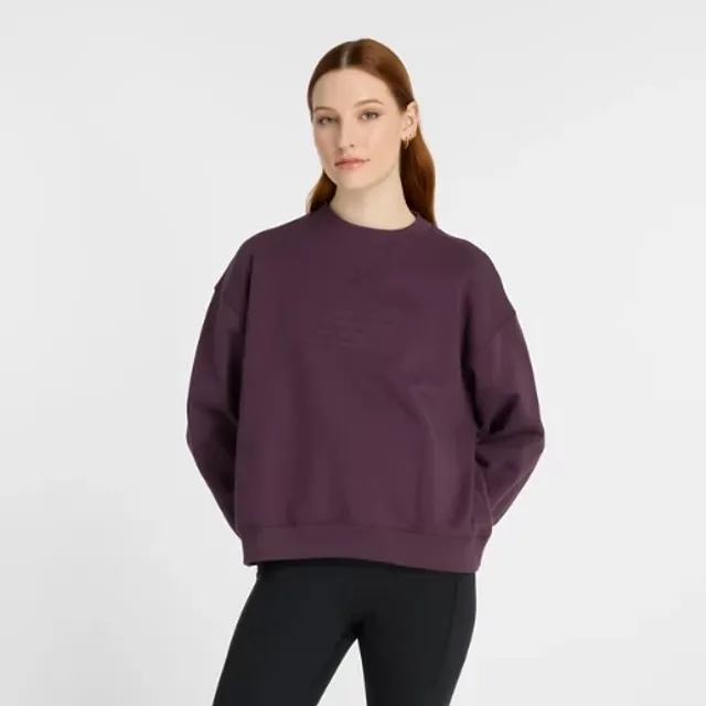 New Balance Women's Embossed Logo French Terry Crew in Brown Cotton Fleece
