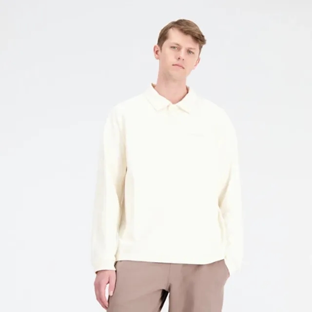 New Balance Men's Athletics Linear Longsleeve Polo in Beige Cotton
