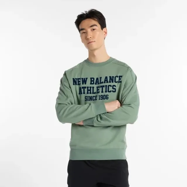 New Balance Men's Varsity French Terry Graphic Crew in Green Cotton