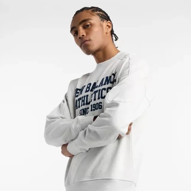 New Balance Men's Varsity French Terry Graphic Crew in Grey Cotton