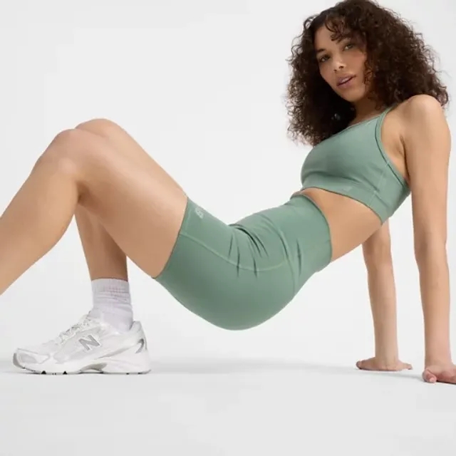 New Balance Women's Script High Rise Short in Green Polywoven