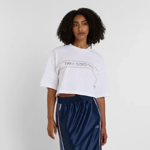 New Balance Women's Athletics Linear Logo T-Shirt in White Cotton