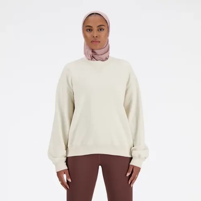 New Balance Women's Athletics French Terry Crew in Beige Cotton Fleece