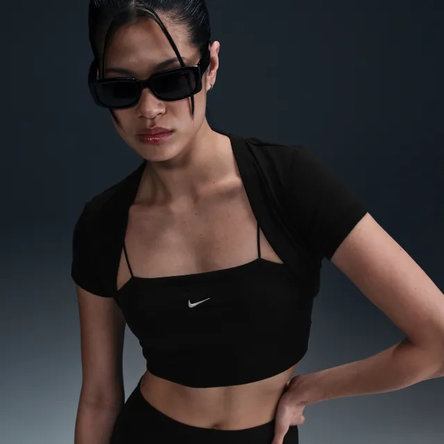 Nike Sportswear Chill Knit Women's Tight Cropped Mini-Rib 2-in-1 Top - Black - Polyester/Lyocell/Spandex