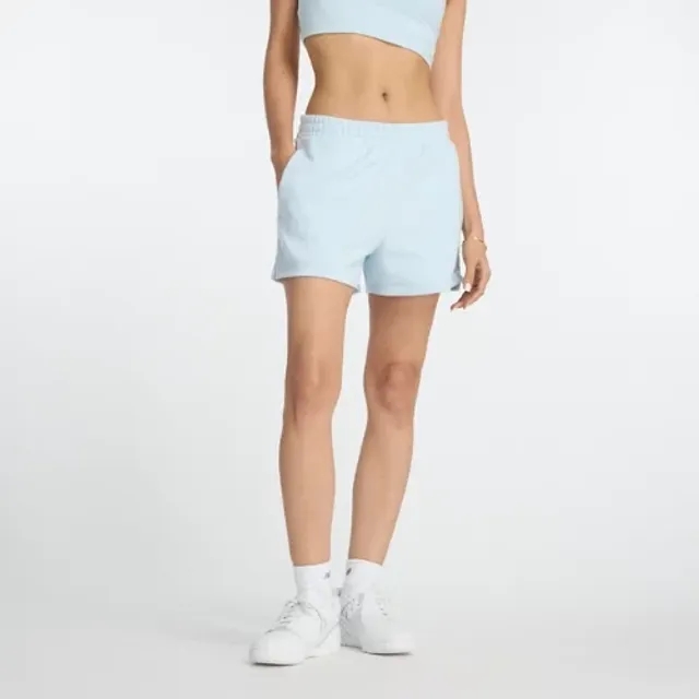 New Balance Women's Linear Heritage French Terry Short in Blue Cotton Fleece