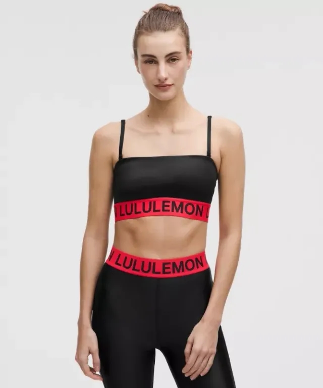 lululemon – Women's Satin Shine Logo Train Sports Bra Light Support, A/B Cup – Color Black/Red – Size L