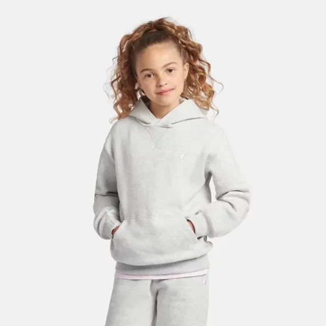 New Balance Girls Brush Back Small Logo Hoodie in Grey Cotton Fleece