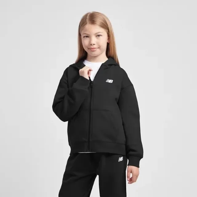 New Balance Girls BB Small Logo Full Zip Hoodie in Black Cotton Fleece