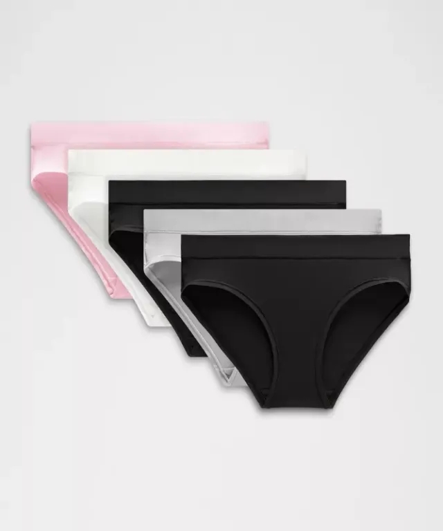 lululemon – Women's UnderEase Mid-Rise Bikini Underwear 5 Pack – Color Black/Silver – Size L