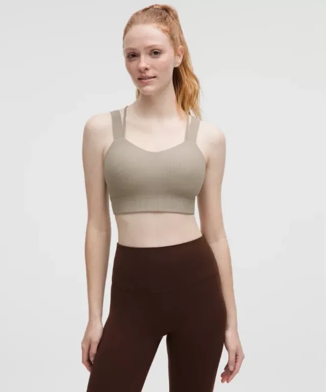 lululemon – Women's Like a Cloud Ribbed Longline Sports Bra Light Support, D/DD Cup – Color Grey/Khaki – Size 10