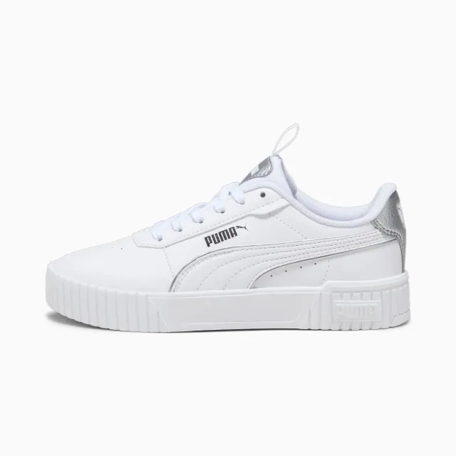 PUMA Carina 2.0 Pop-Up Metallics Youth Sneakers, White/Matte Silver/Silver, size 3