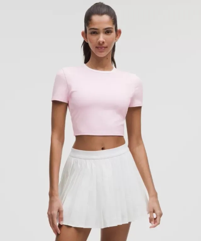 lululemon – Women's Tight-Fit Cropped Shelf-Bra T-Shirt Light Support, B/C Cup – Color Pink/White – Size L