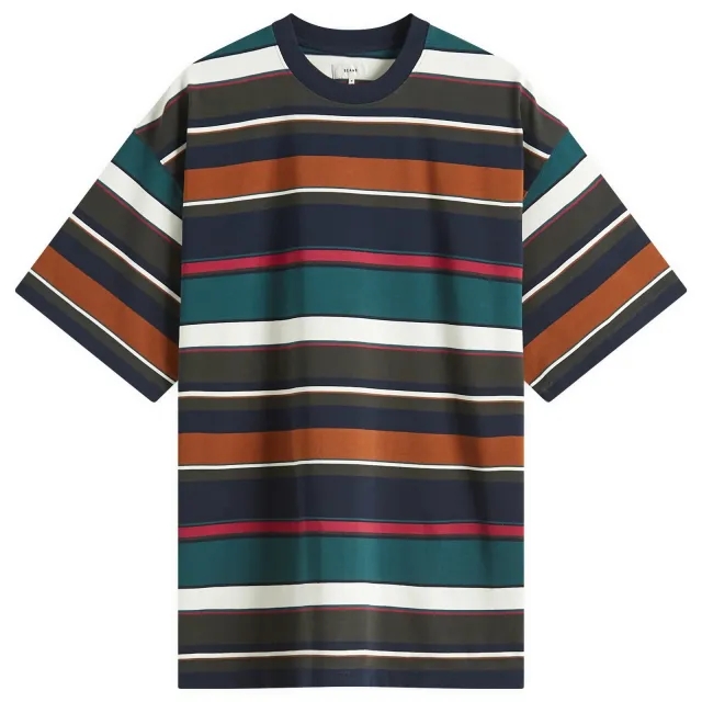BEAMS Men's Multi Stripe Tee Navy
