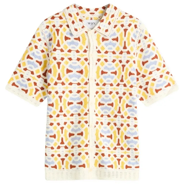 Wax London Men's Dorset Geo Tile Crochet Shirt Ecru/Multi