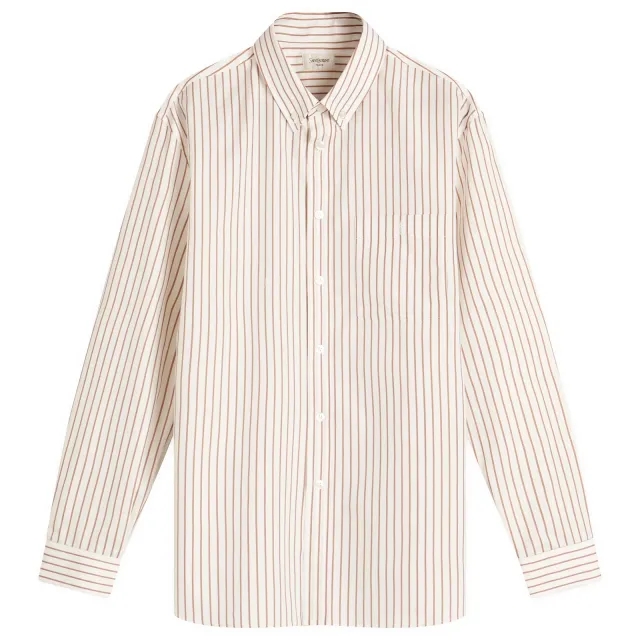 Saint Laurent Men's Stripe Shirt with YSL Embroidery Pocket Creme Caramel