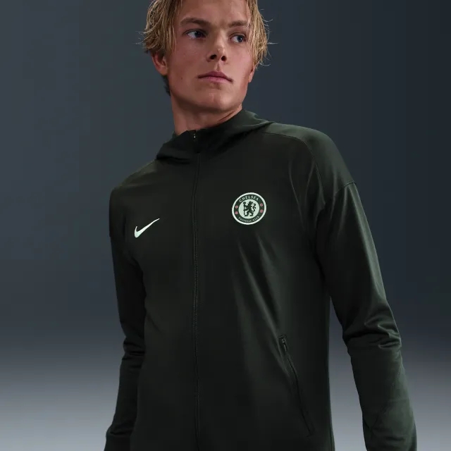 Chelsea F.C. Strike Men's Nike Dri-FIT Football Hooded Knit Tracksuit Jacket - Green - Sustainable Materials