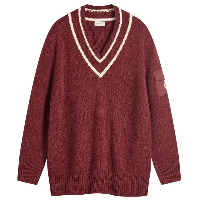 Moncler Women's V-Neck Varsity Sweater Burgundy