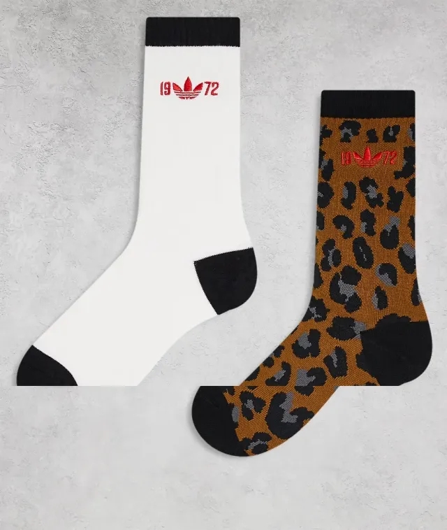 Adidas Originals 2 Pack Crew Socks In Leopard-Brown