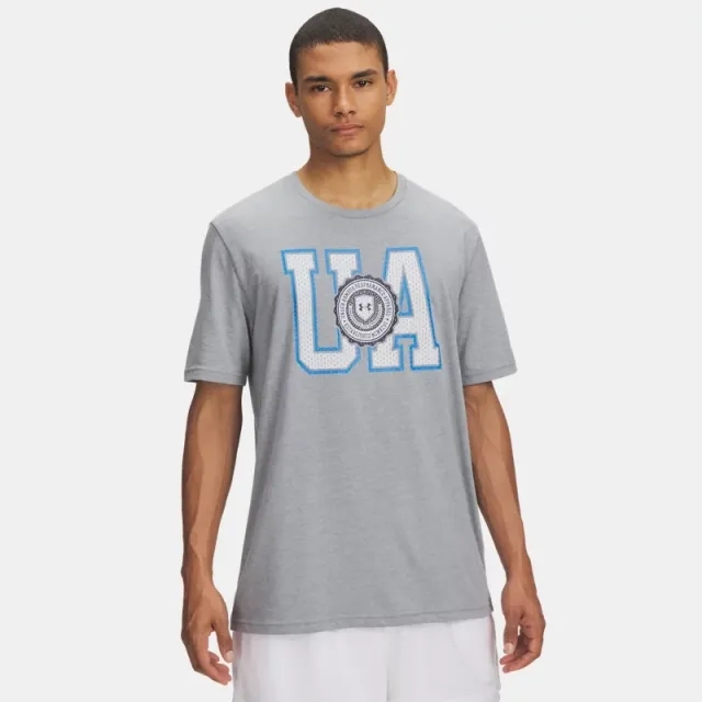 Under Armour  College Crest Logo Men's Short Sleeve Steel Light Heather / Blue Atlantis L