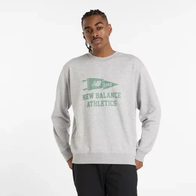 New Balance Men's Varsity Pennant Crew in Grey Cotton Fleece