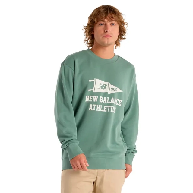 New Balance Men's Varsity Pennant Crew in Green Cotton Fleece