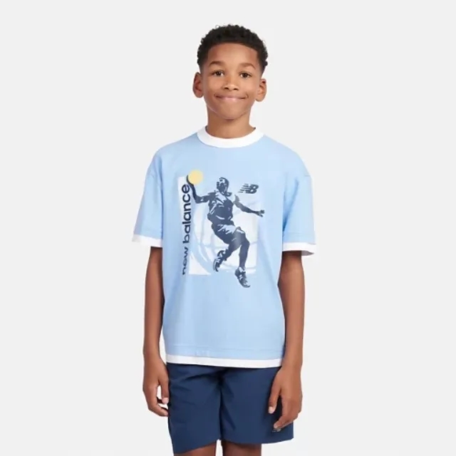 New Balance Boys Hoops Layup Graphic Tee in Blue Cotton Jersey
