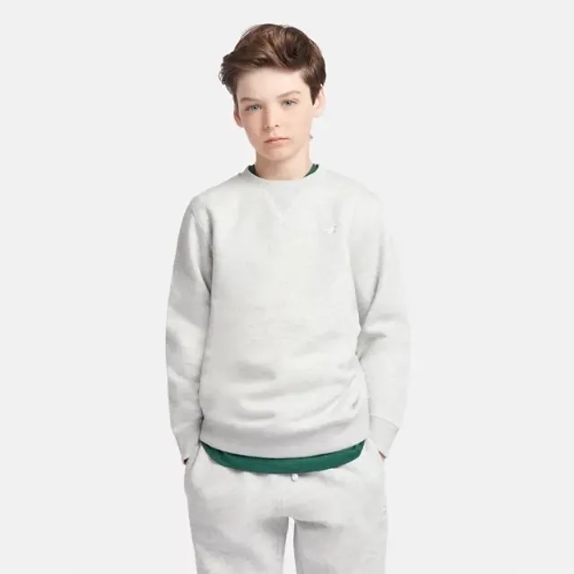New Balance Boys French Terry Small Logo Crew in Grey Cotton Fleece