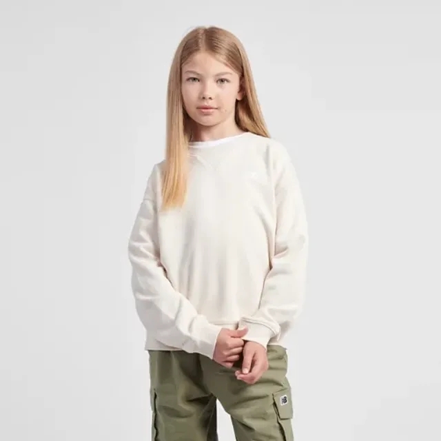 New Balance Girls FT Small Logo Crew in Beige Cotton Fleece