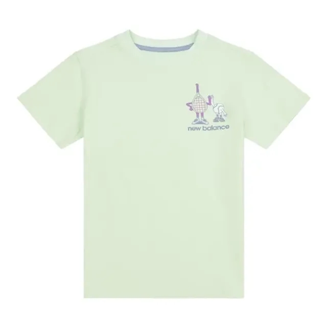 New Balance Girls Athletics Tennis Cartoon Graphic T-Shirt in Green Cotton Jersey