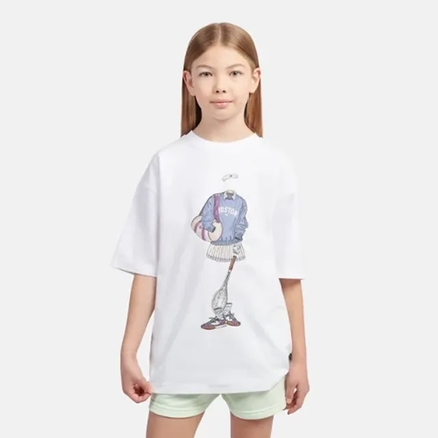 New Balance Girls Tennis Girl Graphic T-Shirt in White Cotton Jersey