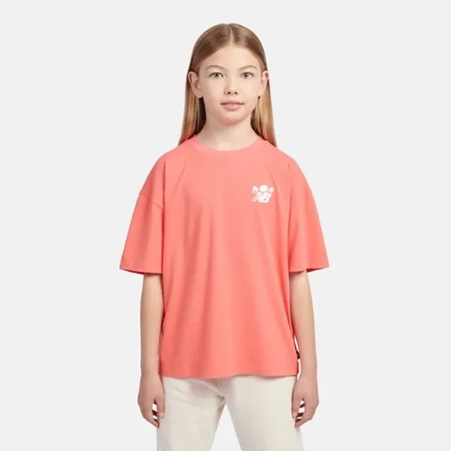 New Balance Girls Floral Vines Back Graphic T-Shirt in Red Cotton Jersey