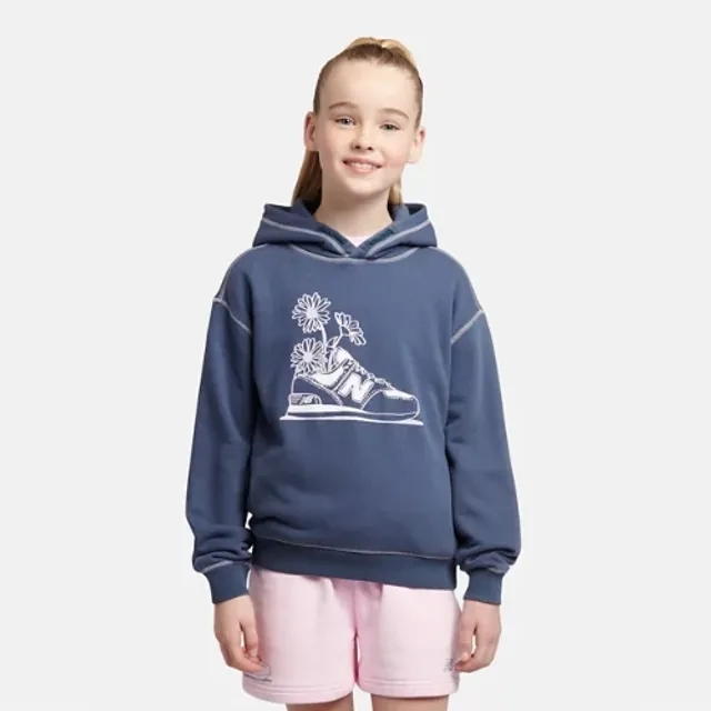 New Balance Girls Floral Sneaker Graphic FT Hoodie in Blue Cotton Fleece
