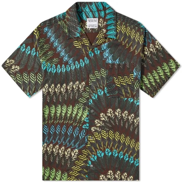 Marcelo Burlon Men's Feather Print Hawaii Vacation Shirt Brown