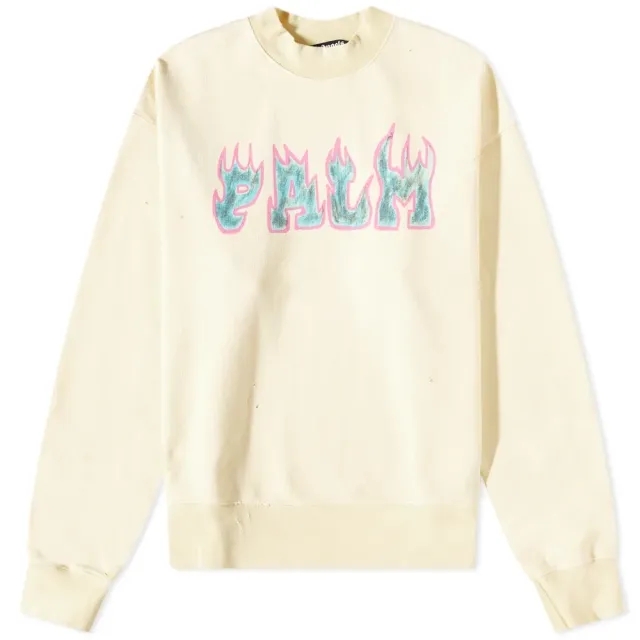 Palm Angels Men's Logo Flames Vintage Crew Sweat White/Purple