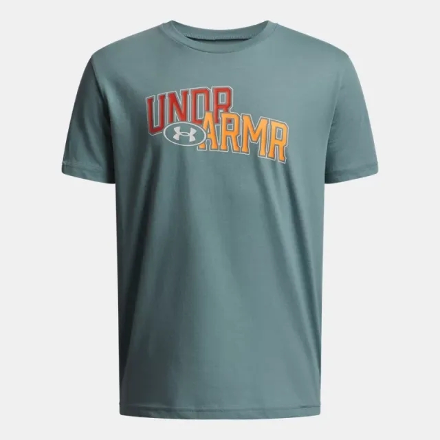 Under Armour  Overlay Wordmark Boys' Short Sleeve Serpentine / Blaze Orange YLG (59 - 63 in)