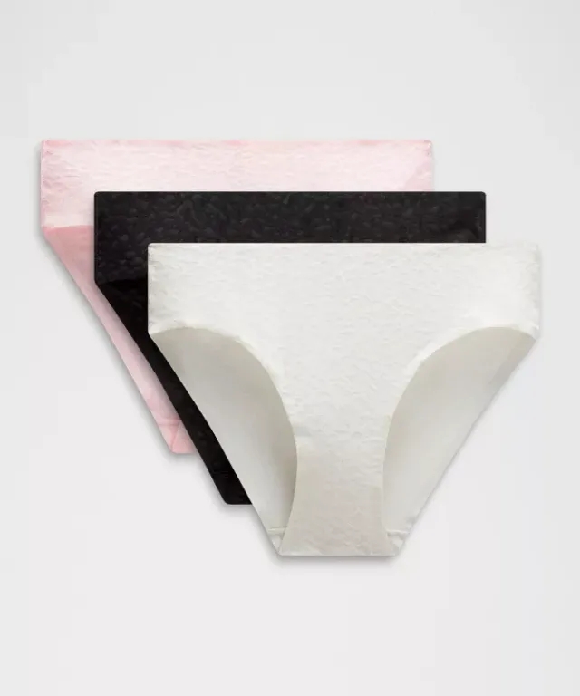 lululemon – Women's InvisiWear Mid-Rise Bikini Underwear Performance Lace 3 Pack – Color Black/Pink/White – Size L